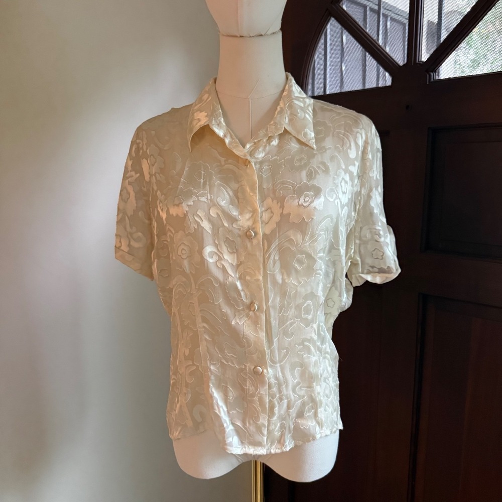 Mary Green Vintage Lace Blouse Button Down Silk Blend‎ | Cream | Size Large